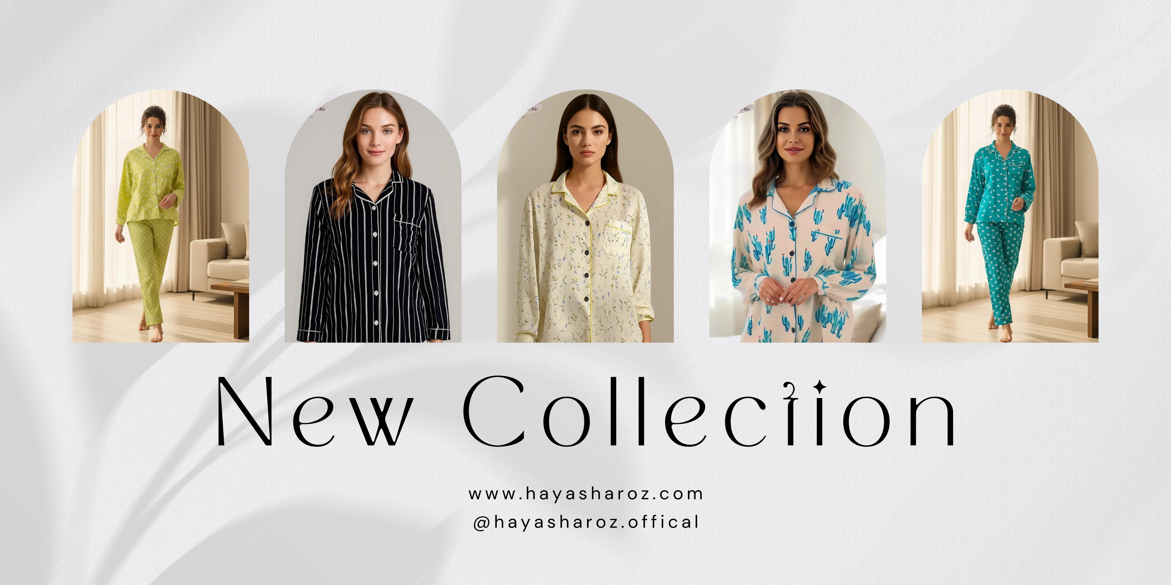 Promotional banner for a new collection with women's clothing, featuring a brand logo and website URL.